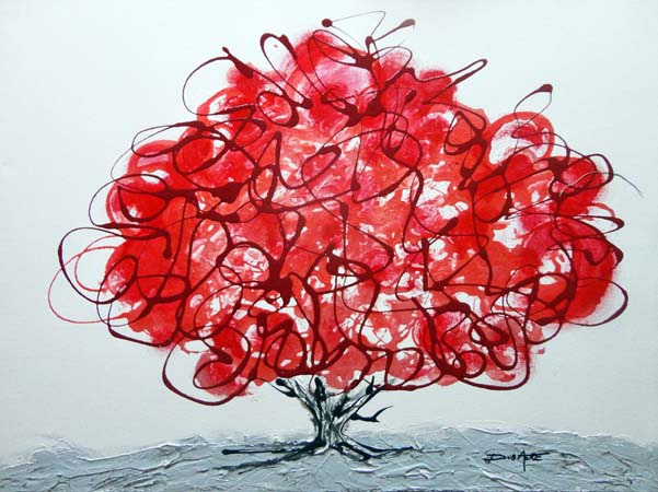 Modern acrylic painting red tree