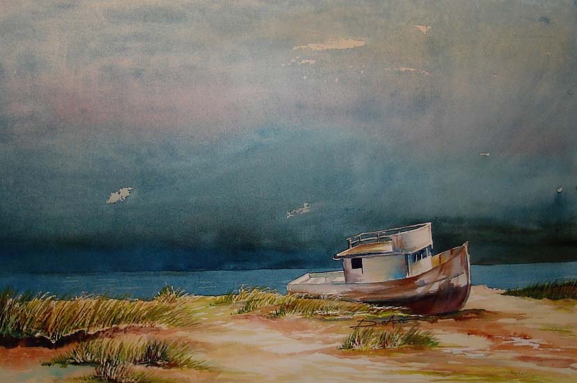 Painting watercolor boat ocean