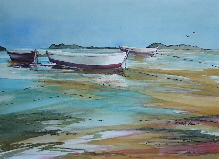 Painting watercolor boats lake
