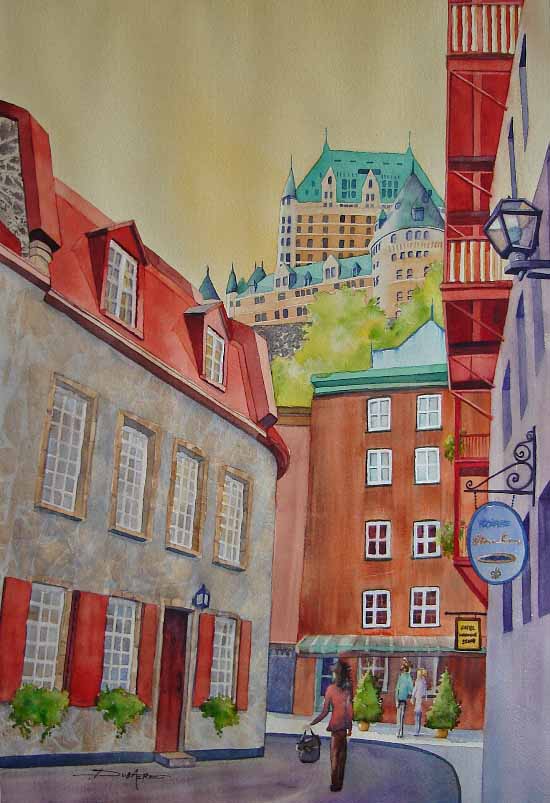Painting watercolor old quebec chateau frontenac