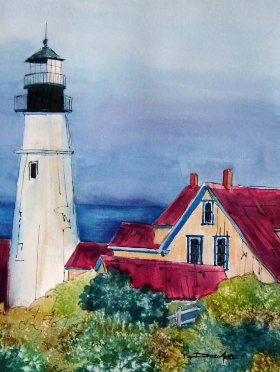 Painting watercolor lighthouse ocean