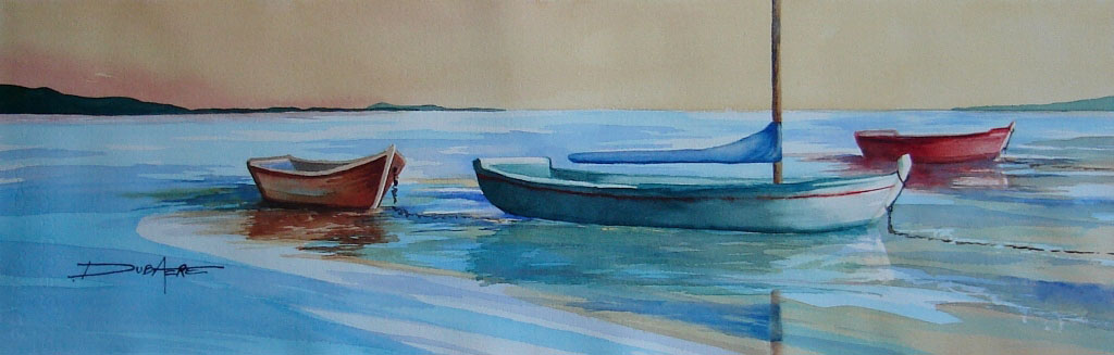 peinture aquarelle bateaux lac